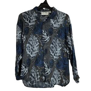 Vintage Jazzman Shirt Mens Medium Blue Grey Floral Button Up Club 80s 90s